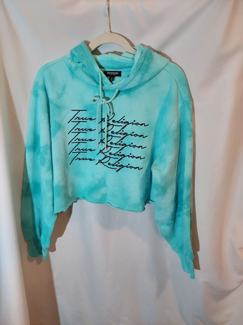 True Religion Crystal Wash Tie-Dye Cropped Hoodie Aqua Blue Small